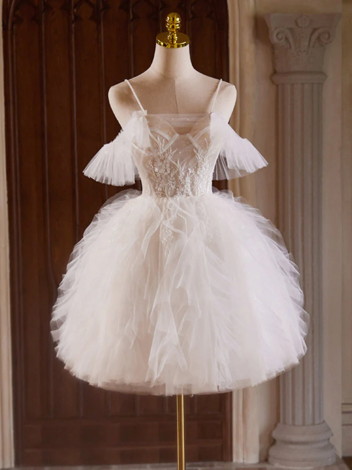 Off Shoulder Ruffle White Lace Prom Dresses, White Lace Homecoming Dresses, US 2 / Custom Color / With Rush+$19.99 Off Shoulder Ruffle White Lace Prom Dresses, White Lace Homecoming Dresses, US 2 / Custom Color / With Rush+$19.99