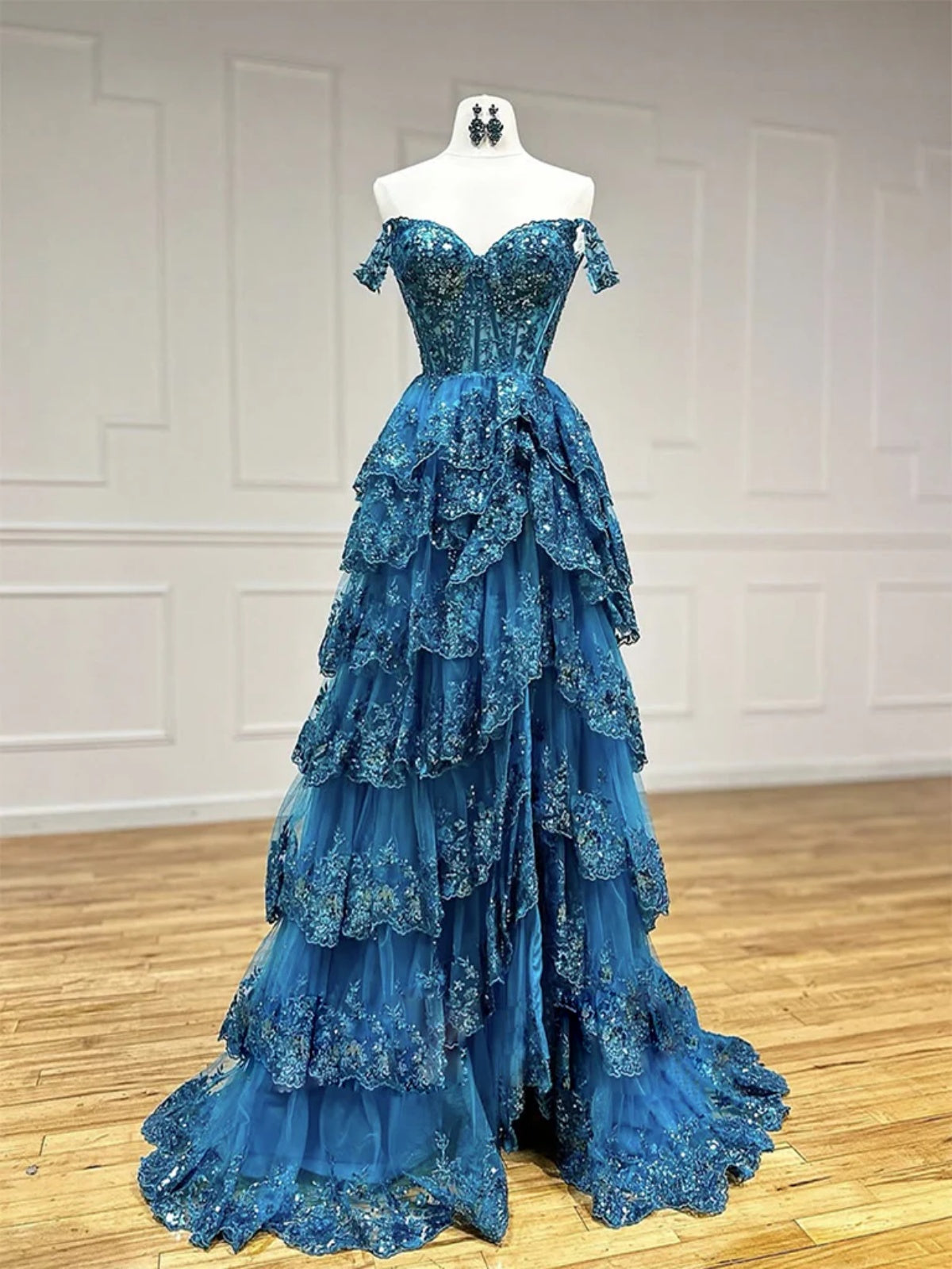 Off the Shoulder Peacock Blue/ Navy Blue Lace Layered Long Prom Dresses, Off Shoulder Blue Lace Formal Graduation Dresses 1