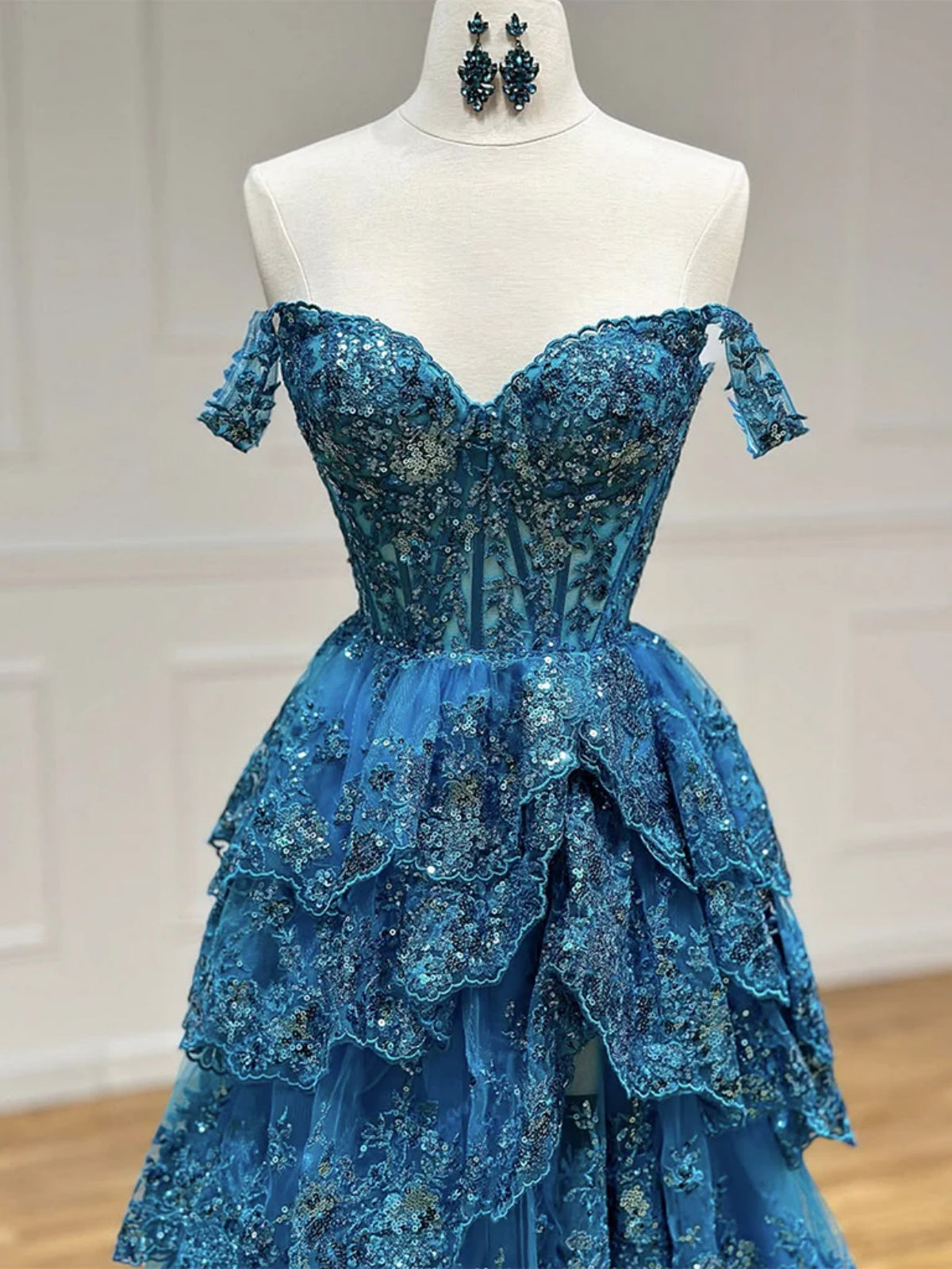 Off the Shoulder Peacock Blue/ Navy Blue Lace Layered Long Prom Dresses, Off Shoulder Blue Lace Formal Graduation Dresses 2