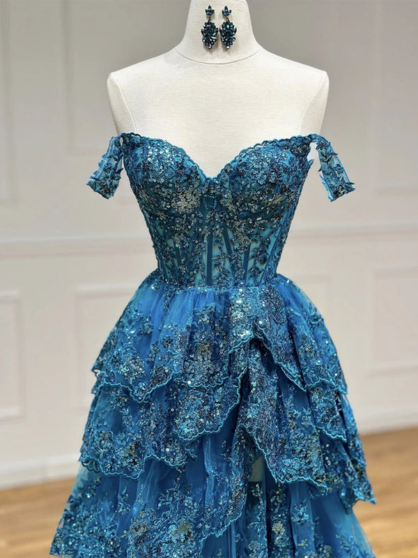 Off the Shoulder Blue Lace Layered Long Prom Dresses, Blue Lace Layere ...