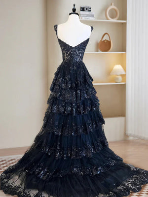 Off the Shoulder Peacock Blue/ Navy Blue Lace Layered Long Prom Dresses, Off Shoulder Blue Lace Formal Graduation Dresses 3