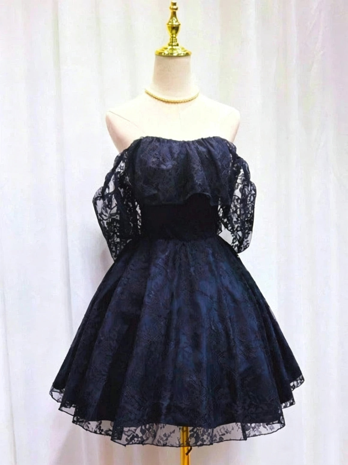Off the Shouder Short Dark Navy Blue Lace Prom Dresses, Short Dark Blue Lace Formal Homecoming Dresses