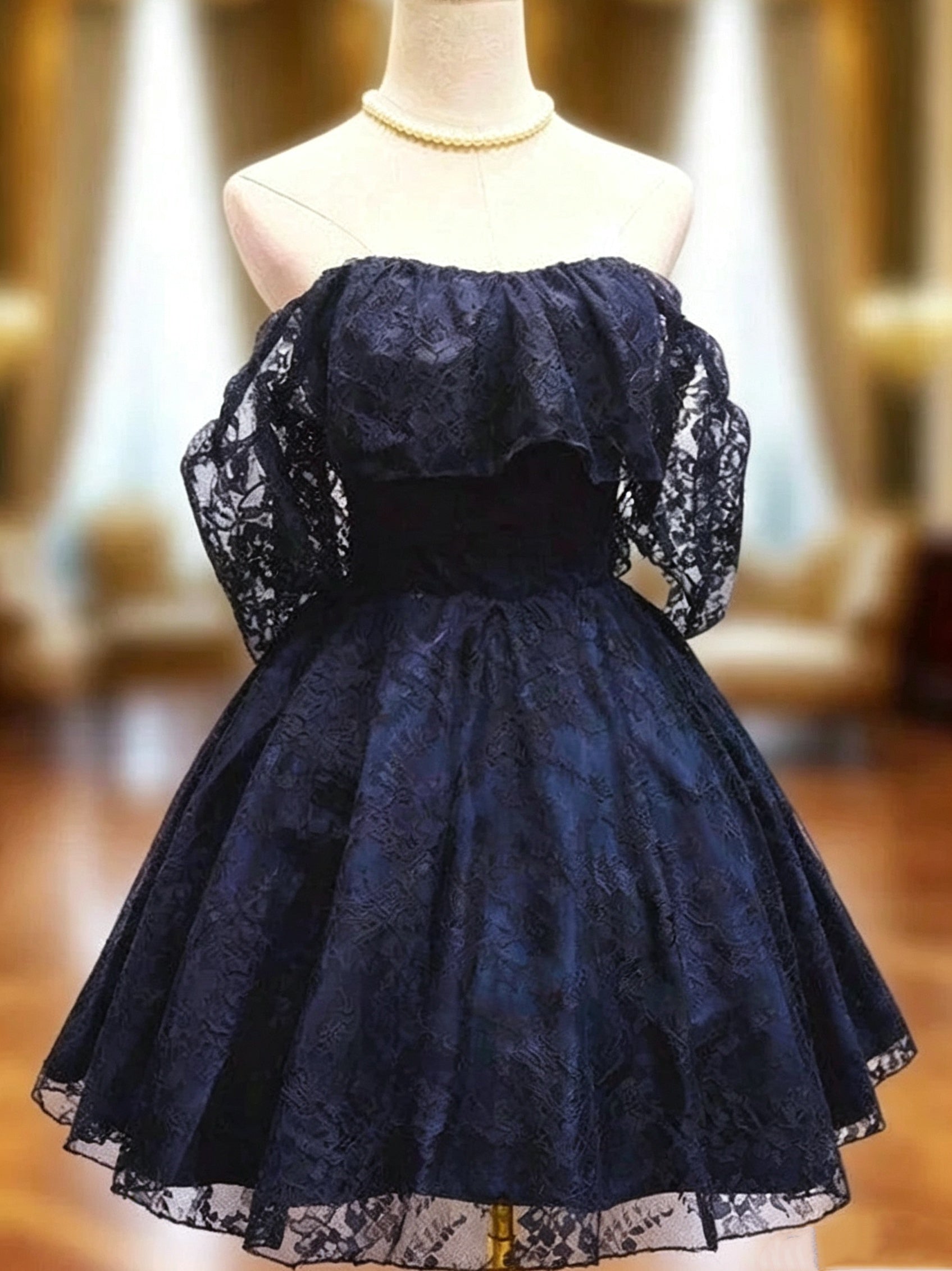 Off the Shouder Short Dark Navy Blue Lace Prom Dresses, Short Dark Blu