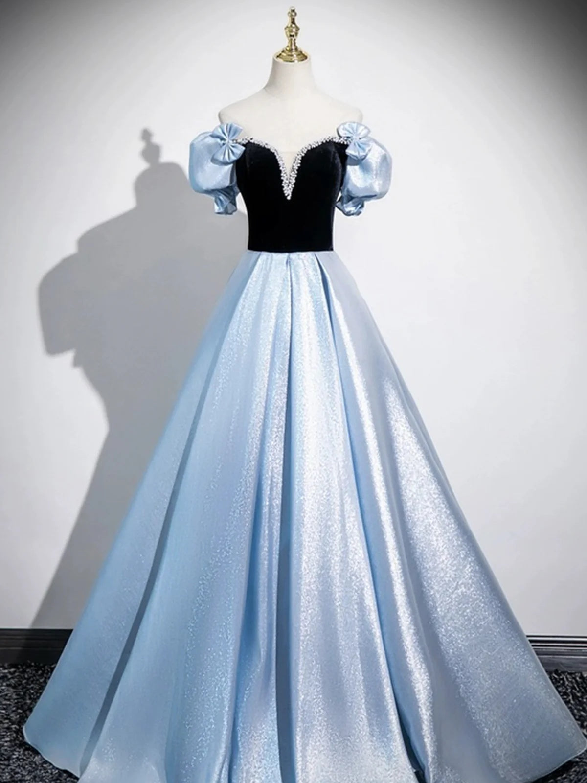 Off the Shoulder Black Blue Long Prom Dresses, Short Sleeves Black Blue Formal Dresses, US 6 / Custom Color / No Rush Off the Shoulder Black Blue Long Prom Dresses, Short Sleeves Black Blue Formal Dresses, US 6 / Custom Color / No Rush