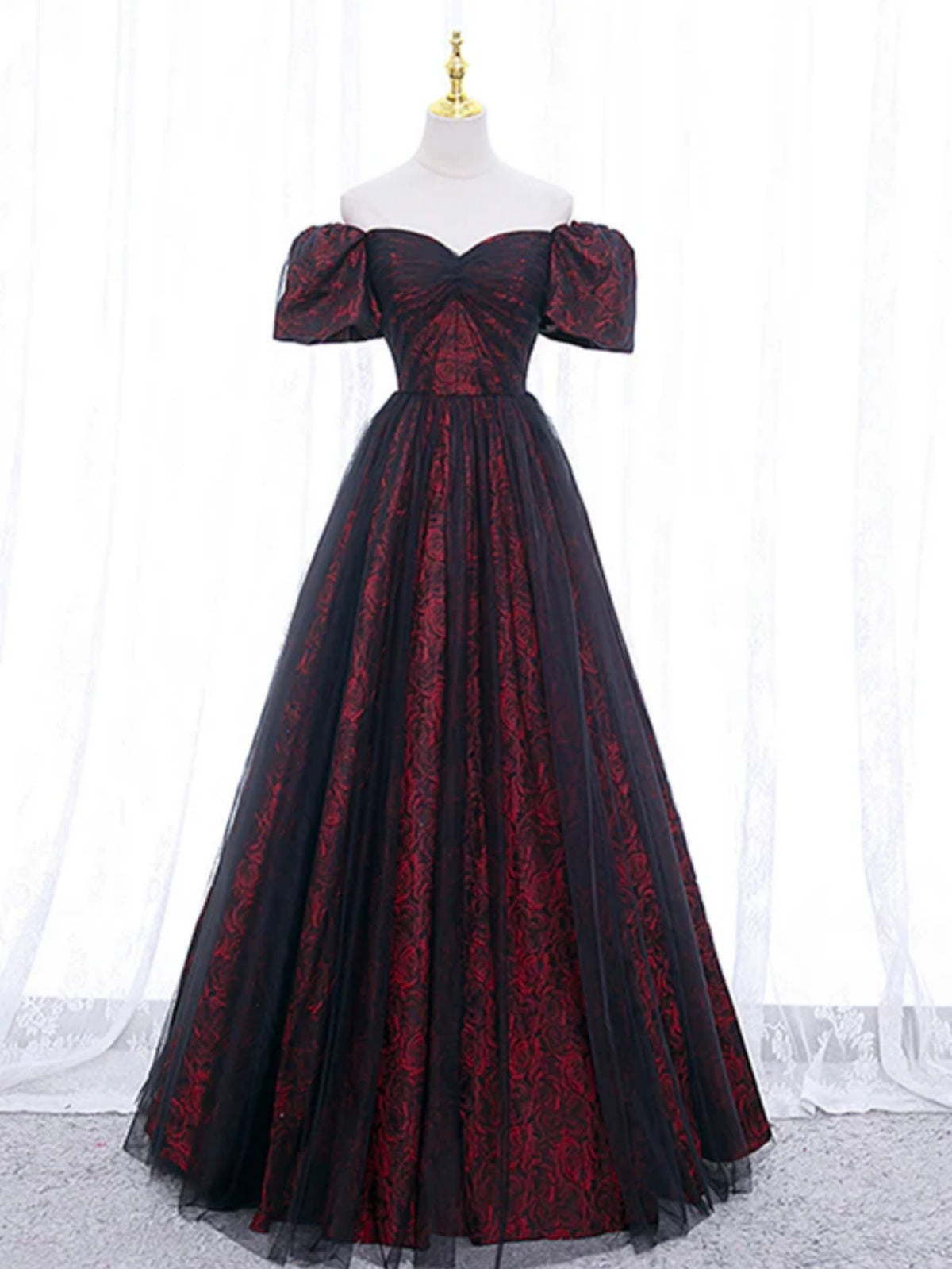Off the Shoulder Black Burgundy Lace Prom Dresses, Black Wine Red Lace - shegown Off the Shoulder Black Burgundy Lace Prom Dresses, Black Wine Red Lace - shegown