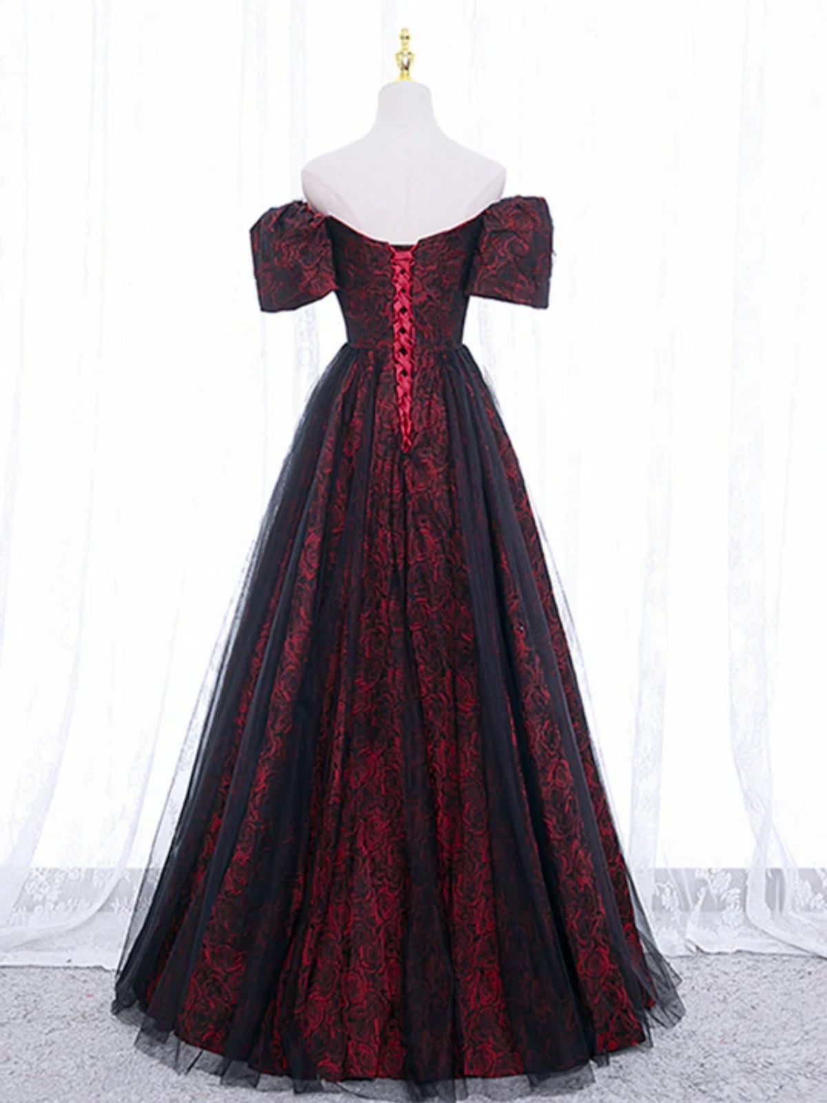 Off the Shoulder Black Burgundy Lace Prom Dresses, Black Wine Red Lace Formal Graduation Dresses, US 16 / Black as Pics / With Rush+$19.99 Off the Shoulder Black Burgundy Lace Prom Dresses, Black Wine Red Lace Formal Graduation Dresses, US 16 / Black as Pics / With Rush+$19.99