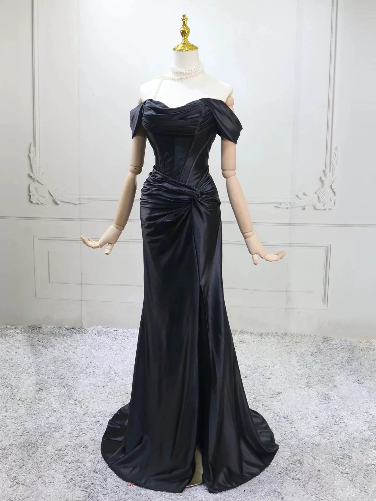 Off the Shoulder Black Mermaid Satin Long Prom Dresses, Black Mermaid Long Formal Evening Dresses