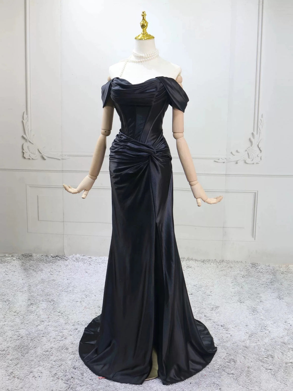 Off the Shoulder Black Mermaid Satin Long Prom Dresses, Black Mermaid Long Formal Evening Dresses