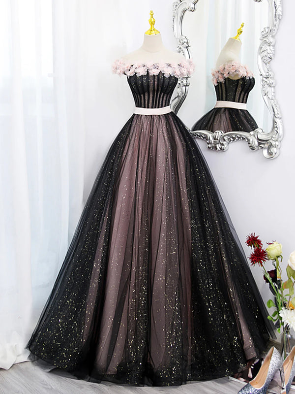 Off the Shoulder Black Pink Long Prom Dresses, Black Pink Long Formal