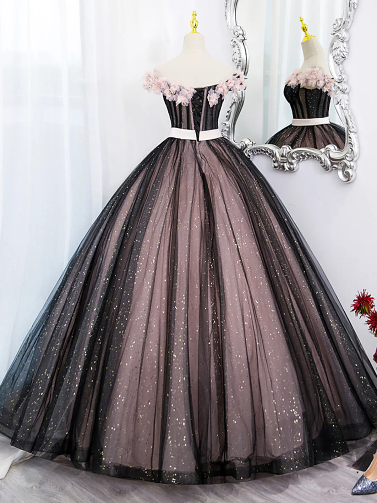 Off the Shoulder Black Pink Long Prom Dresses, Black Pink Long Formal - shegown Off the Shoulder Black Pink Long Prom Dresses, Black Pink Long Formal - shegown