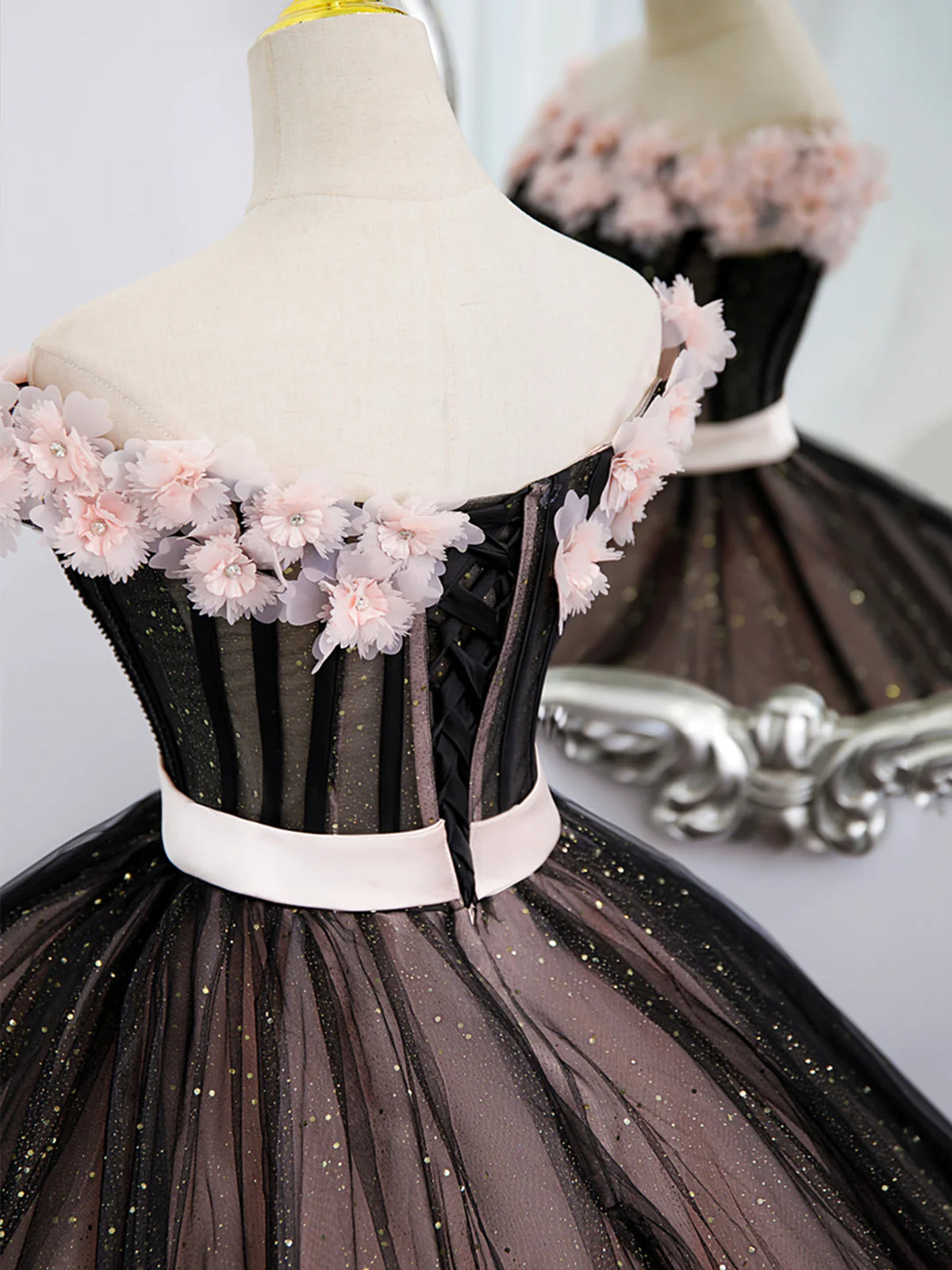 Off the Shoulder Black Pink Long Prom Dresses, Black Pink Long Formal - shegown Off the Shoulder Black Pink Long Prom Dresses, Black Pink Long Formal - shegown