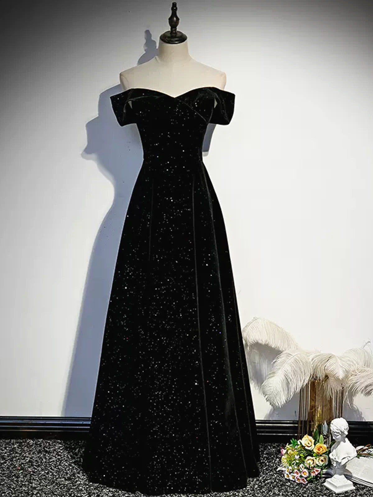 Off the Shoulder Black Shiny Long Prom Dresses, Shiny Black Long Forma - shegown Off the Shoulder Black Shiny Long Prom Dresses, Shiny Black Long Forma - shegown