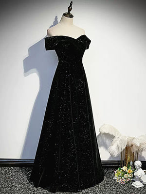 Off the Shoulder Black Shiny Long Prom Dresses, Shiny Black Long Formal Evening Dresses