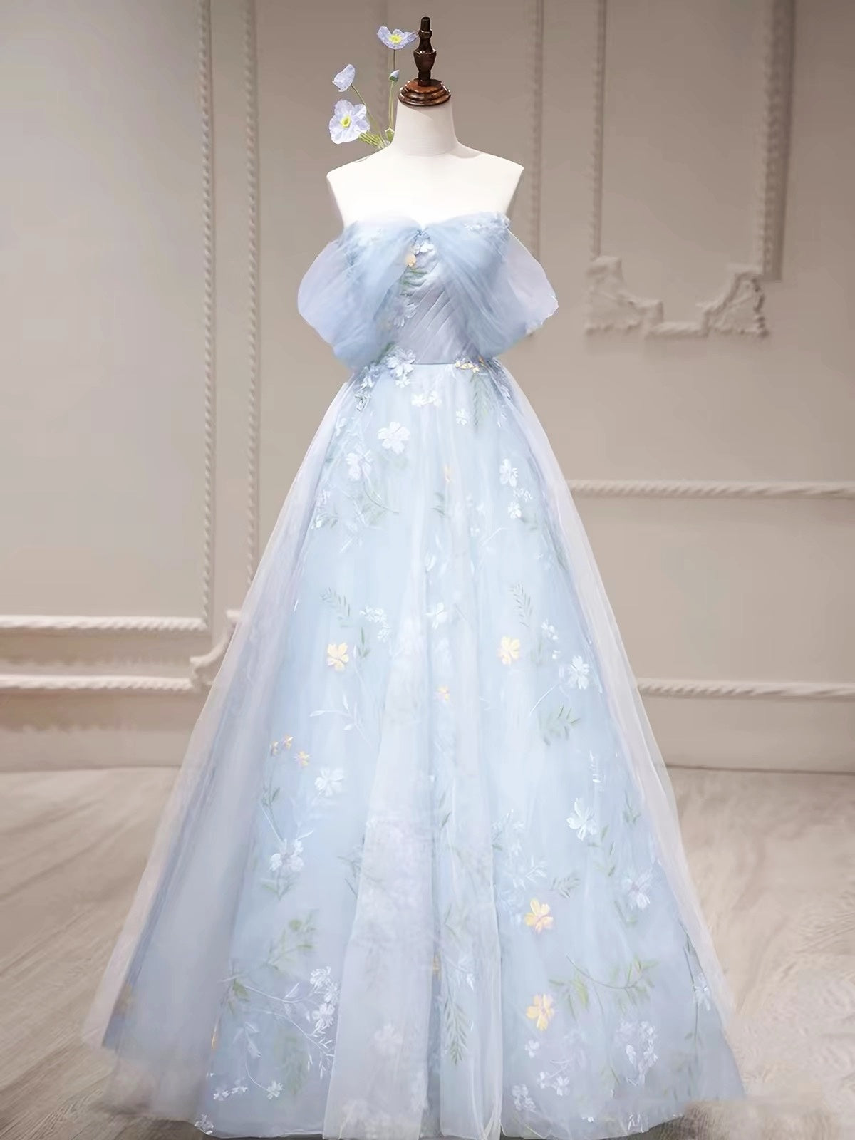 Off the Shoulder Blue Floral Long Prom Dresses, Blue Floral Long Formal Evening Dresses