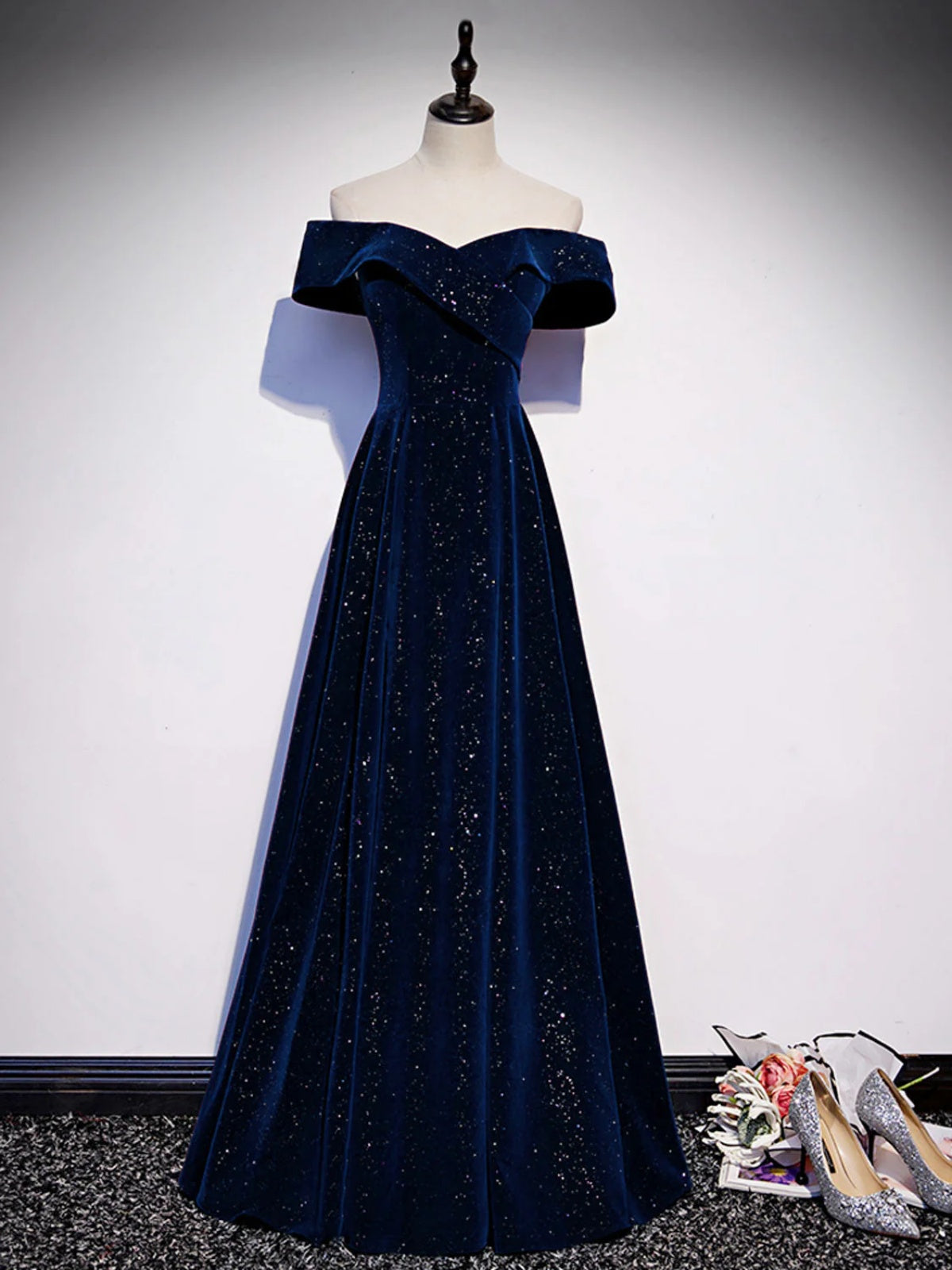 Off the Shoulder Blue Long Prom Dresses, Off Shoulder Blue Long Formal