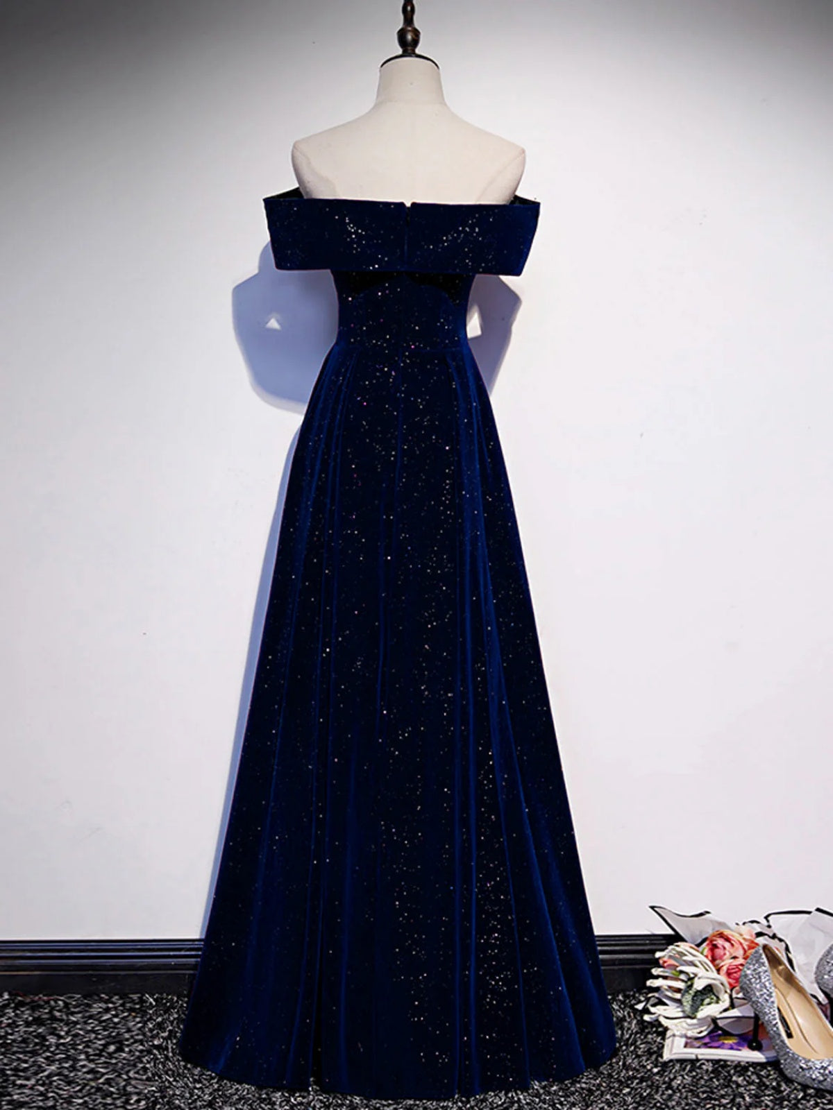 Off the Shoulder Blue Long Prom Dresses, Off Shoulder Blue Long Formal