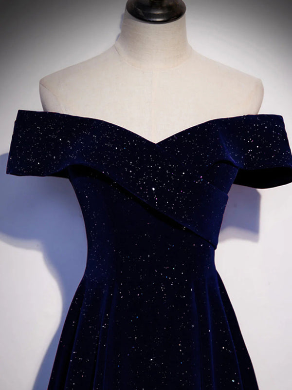 Off the Shoulder Blue Long Prom Dresses, Off Shoulder Blue Long Formal