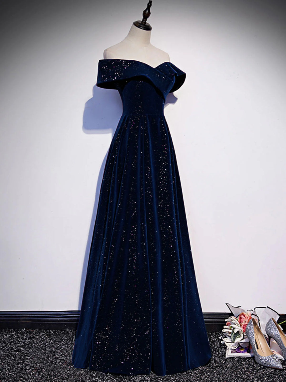 Off the Shoulder Blue Long Prom Dresses, Off Shoulder Blue Long Formal - shegown Off the Shoulder Blue Long Prom Dresses, Off Shoulder Blue Long Formal - shegown