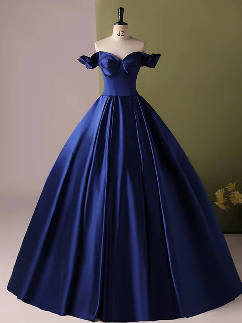 Beaira Blue Satin and Tulle Off Shoulder Long Prom Dress Blue Evening Dress main image 1