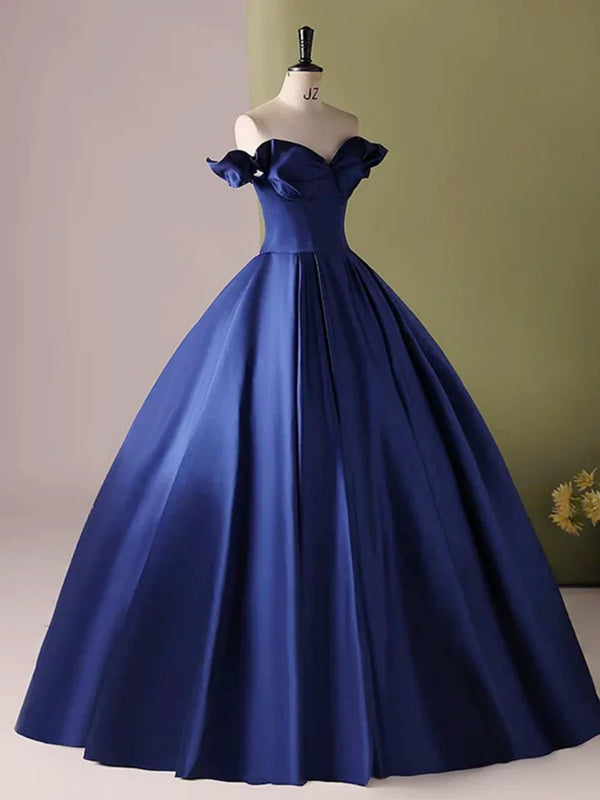 Off The Shoulder Blue Satin Flower Prom Dress main image 1