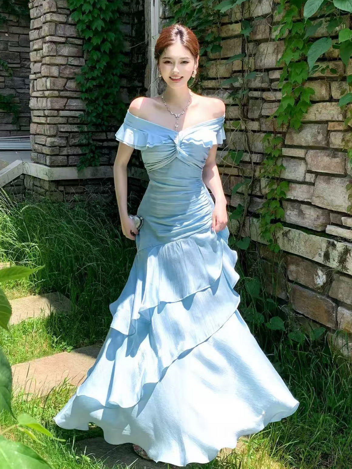 Off the Shoulder Blue Mermaid Satin Prom Dresses, Blue Mermaid Satin Formal Evening Dresses