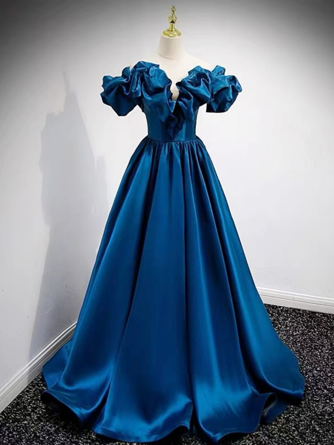 Off the Shoulder Blue Satin Long Prom Dresses, Blue Off Shoulder Satin Long Formal Graduation Dresses