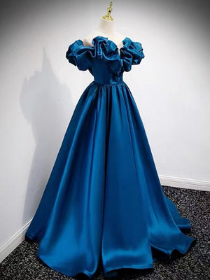 Off the Shoulder Blue Satin Long Prom Dresses, Blue Off Shoulder Satin Long Formal Graduation Dresses