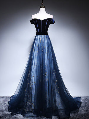 Off the Shoulder Blue Tulle Long Prom Dresses, Blue Off Shoulder Formal Evening Dresses