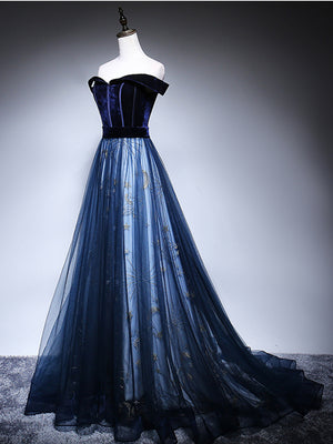 Off the Shoulder Blue Tulle Long Prom Dresses, Blue Off Shoulder Formal Evening Dresses