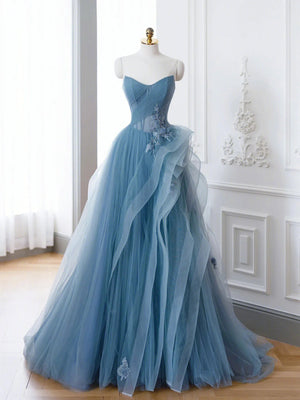 Off the Shoulder Blue Tulle Prom Dresses, Blue Tulle Floral Formal Evening Dresses
