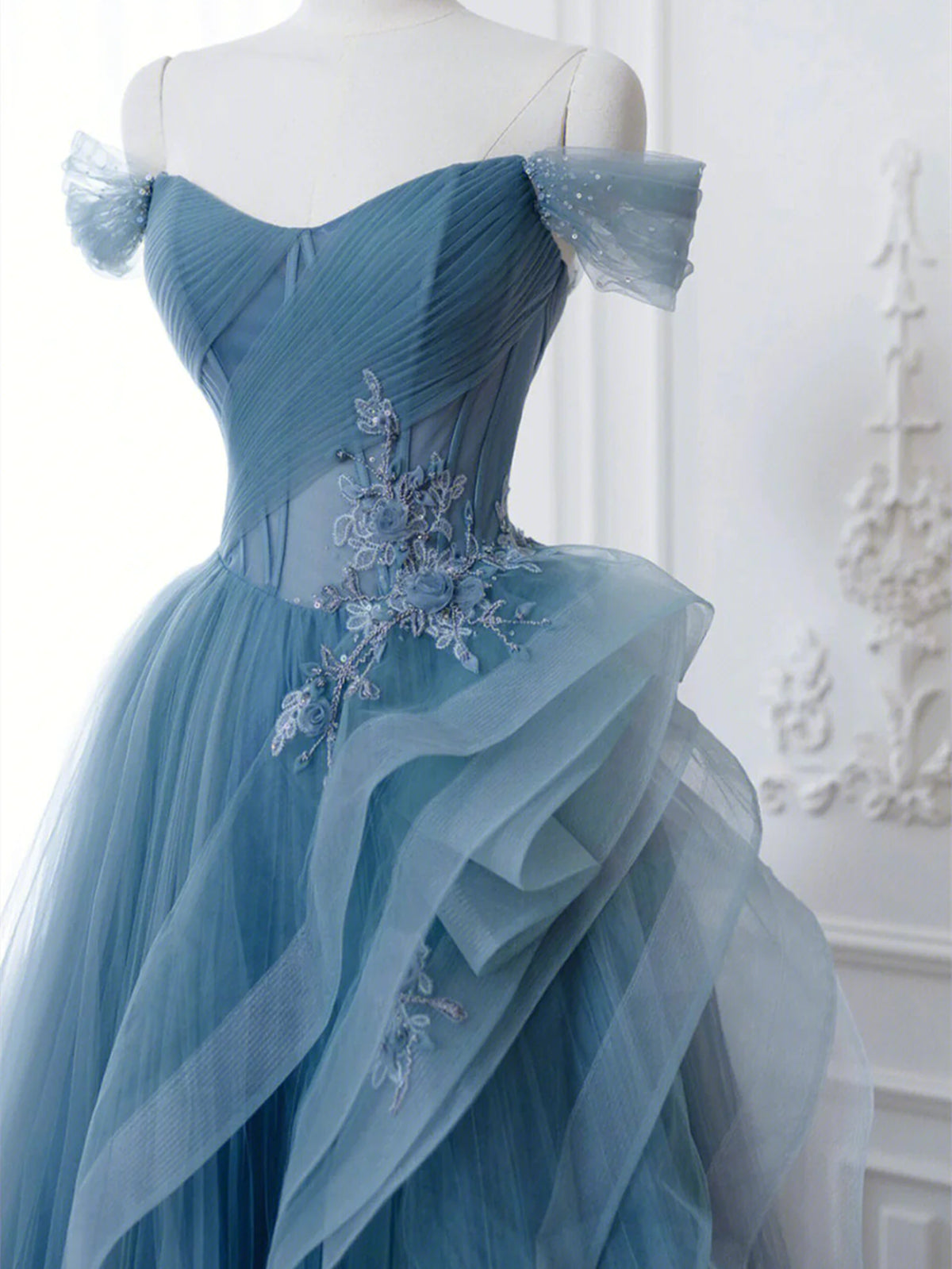 Off the Shoulder Blue Tulle Prom Dresses, Blue Tulle Floral Formal Eve - shegown Off the Shoulder Blue Tulle Prom Dresses, Blue Tulle Floral Formal Eve - shegown