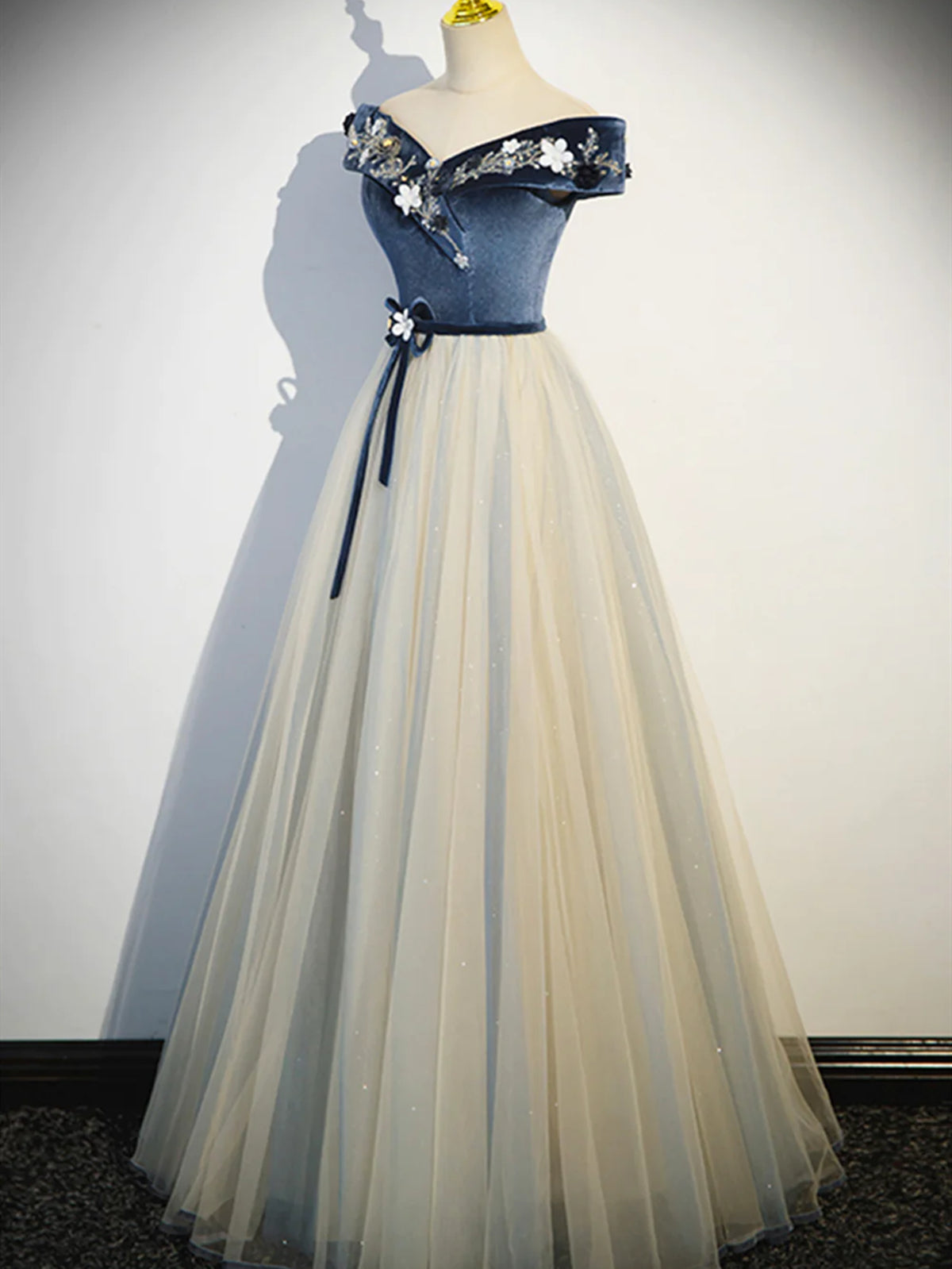 Off the Shoulder Blue Velvet Long Tulle Prom Dresses, Off Shoulder Blu - shegown Off the Shoulder Blue Velvet Long Tulle Prom Dresses, Off Shoulder Blu - shegown