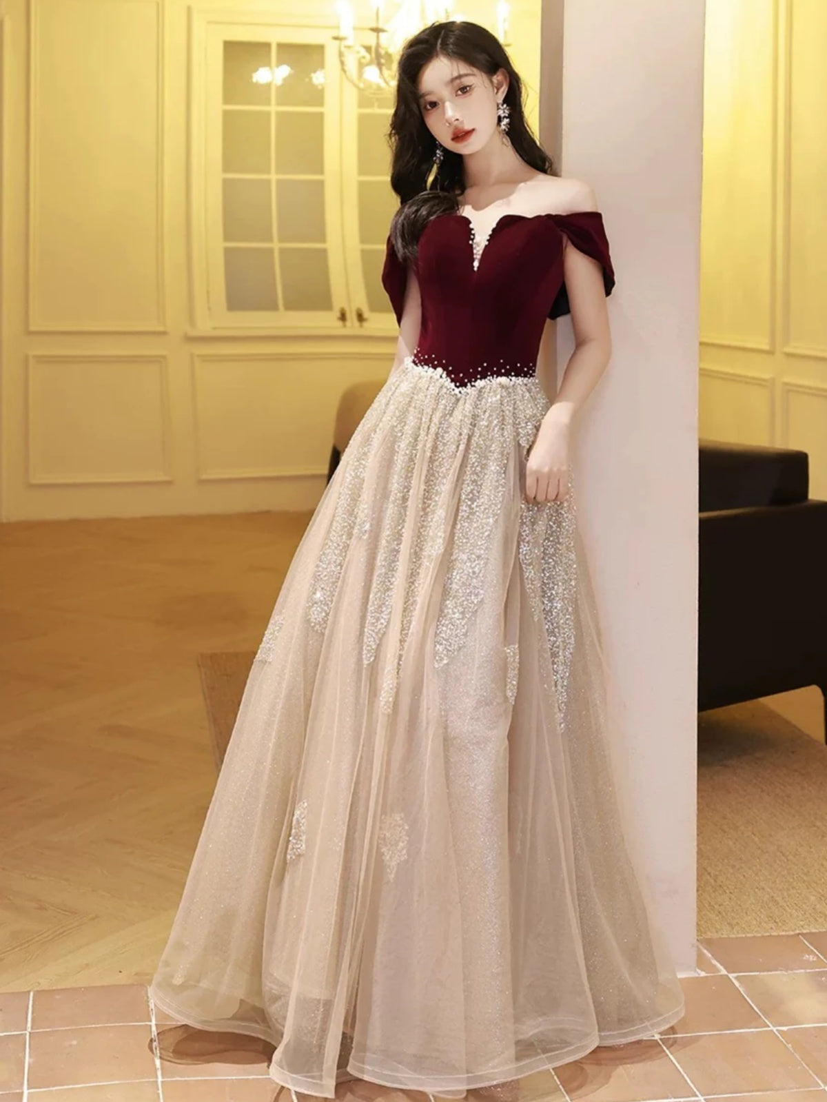 Off the Shoulder Burgundy Champagne Tulle Long Prom Dresses, Off Shoulder Wine Red Champagne Formal Dresses