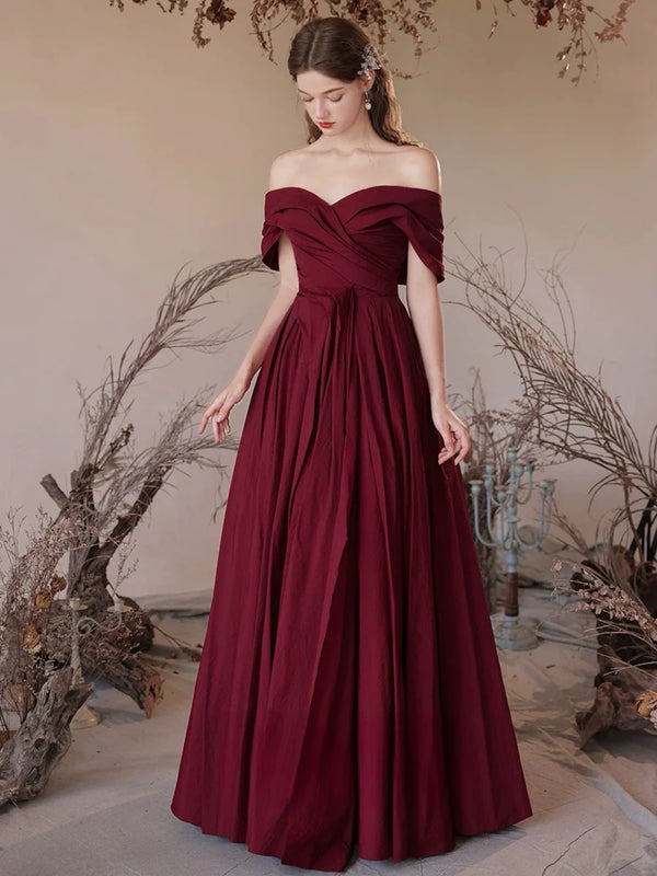Off the Shoulder Burgundy Satin Long Prom Dresses, Wine Red Off Should