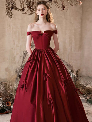 Off the Shoulder Burgundy Satin Long Prom Dresses, Wine Red Off Shoulder Long Satin Formal Evening Dresses
