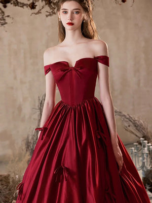 Off the Shoulder Burgundy Satin Long Prom Dresses, Wine Red Off Shoulder Long Satin Formal Evening Dresses