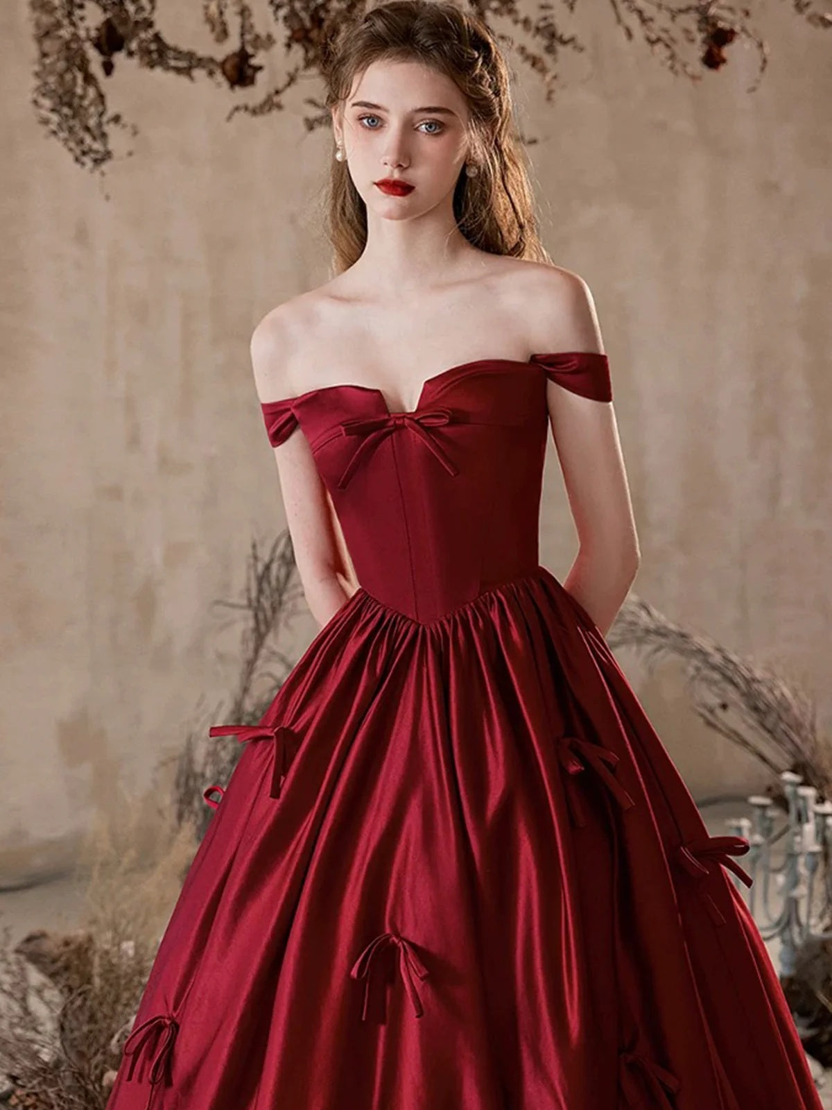 formal dresses wine red Off the Shoulder Burgundy Satin Prom Dresses, Wine Red Off Shoulder Evening Dresses, US 16 / Custom Color / With Rush+$19.99