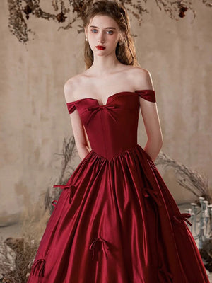 Off the Shoulder Burgundy Satin Long Prom Dresses, Wine Red Off Shoulder Long Satin Formal Evening Dresses