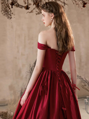 Off the Shoulder Burgundy Satin Long Prom Dresses, Wine Red Off Shoulder Long Satin Formal Evening Dresses