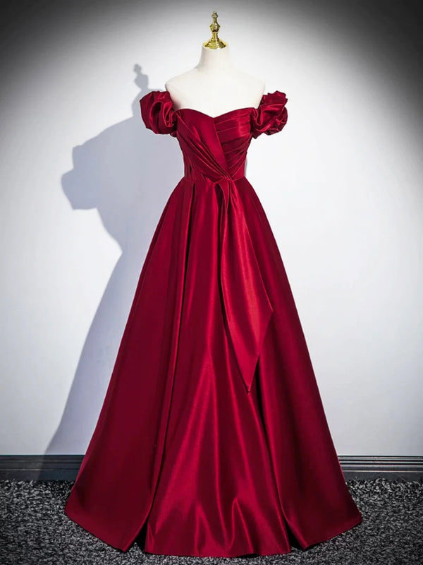 Off The Shoulder Satin Long Prom Dress Simple Burgundy Evening Dress cc293 main image 1