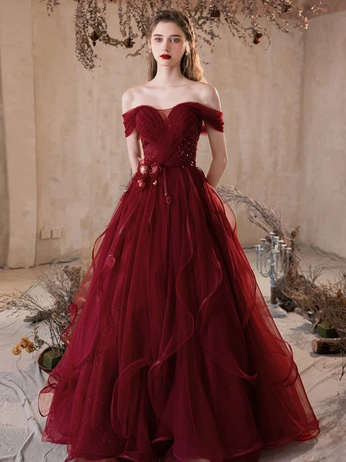 Off the Shoulder Burgundy Tulle Floral Prom Dresses, Wine Red Tulle Floral Formal Evening Dresses