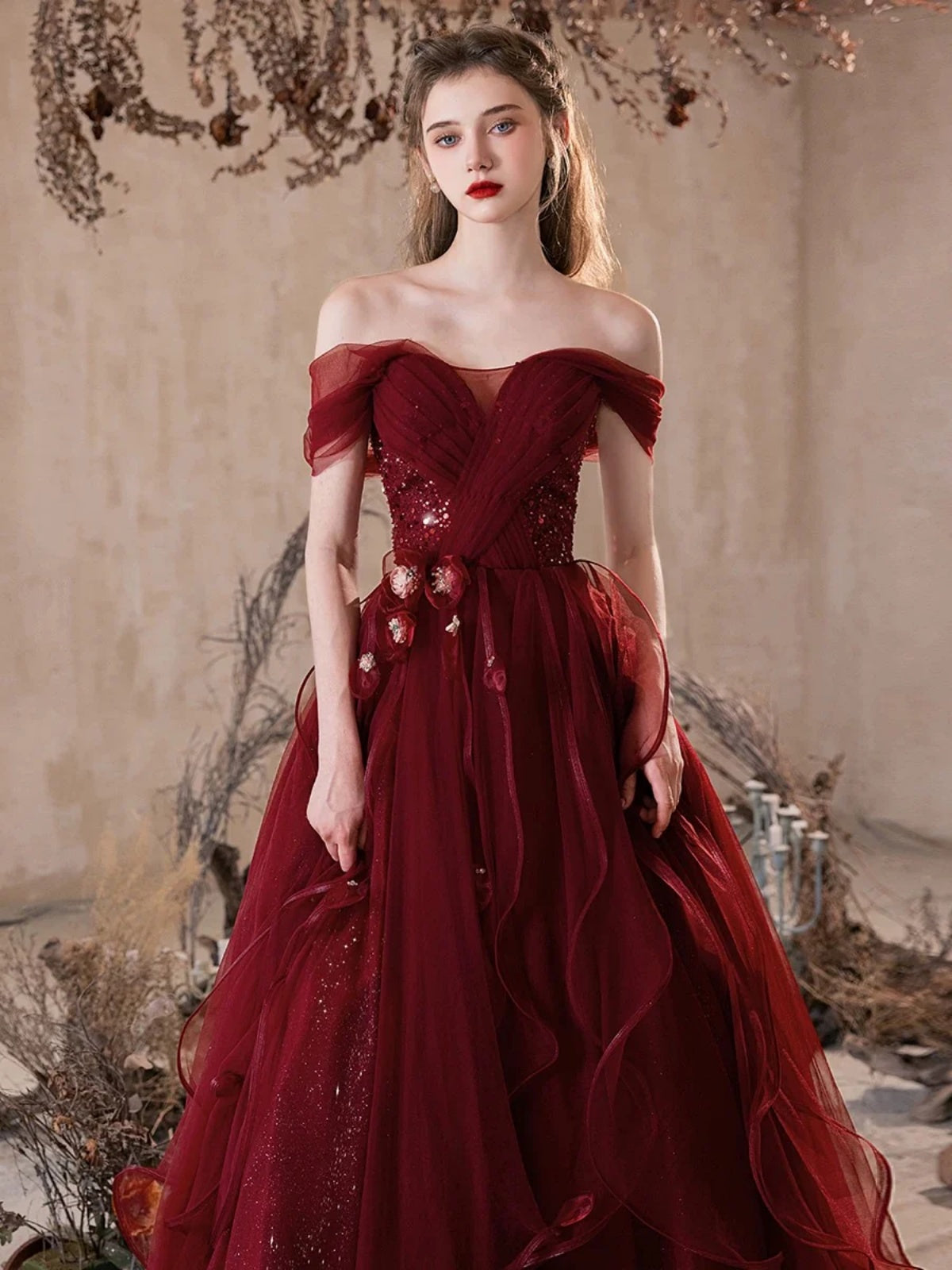 Off the Shoulder Burgundy Tulle Floral Prom Dresses, Wine Red Tulle Floral Formal Evening Dresses, US 6 / Custom Color / With Rush+$19.99