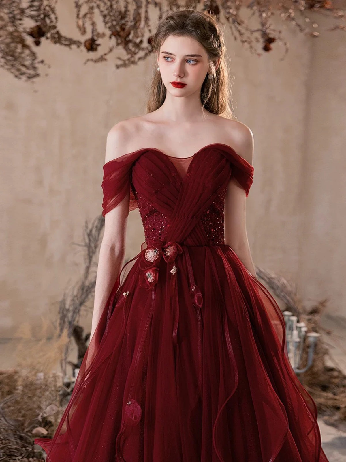 red floral prom dress Print Beaded Long by Primavera / 14 and floral Elegant Red flowers Ruffles High