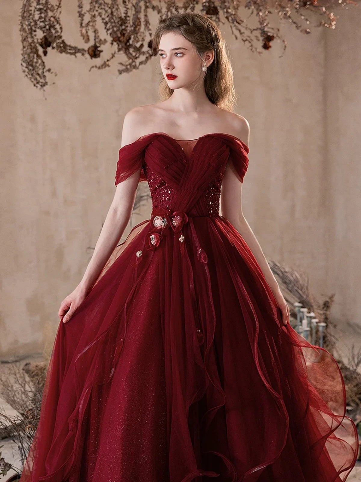 Off the Shoulder Burgundy Tulle Floral Prom Dresses, Wine Red Tulle Floral Formal Evening Dresses, US 6 / Custom Color / With Rush+$19.99