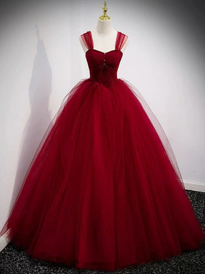 Off the Shoulder Burgundy Tulle Long Prom Dresses, Wine Red Tulle Long Formal Evening Dresses
