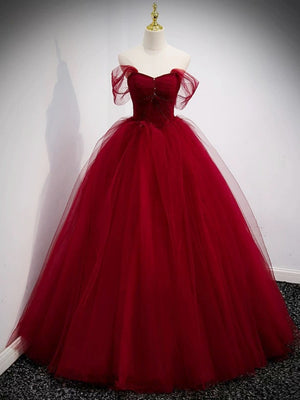 Off the Shoulder Burgundy Tulle Long Prom Dresses, Wine Red Tulle Long Formal Evening Dresses