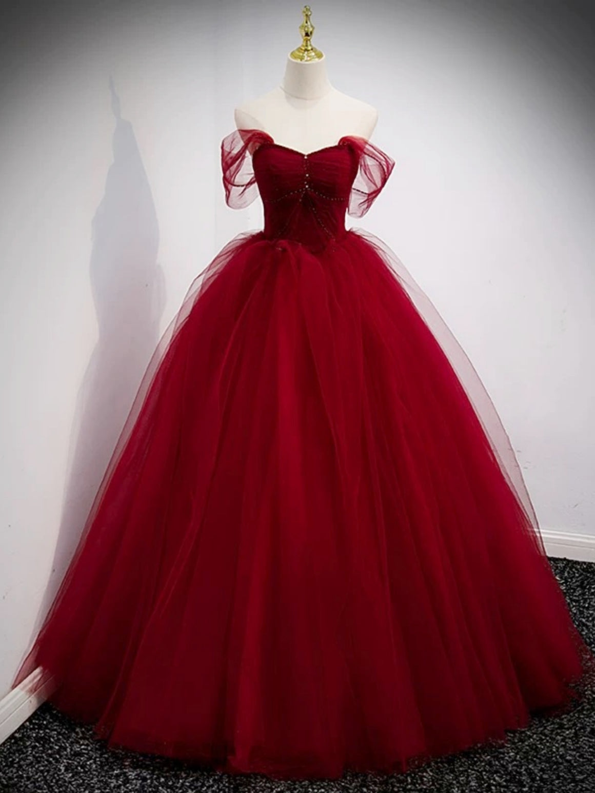 Off the Shoulder Burgundy Tulle Long Prom Dresses, Wine Red Tulle Long Formal Evening Dresses