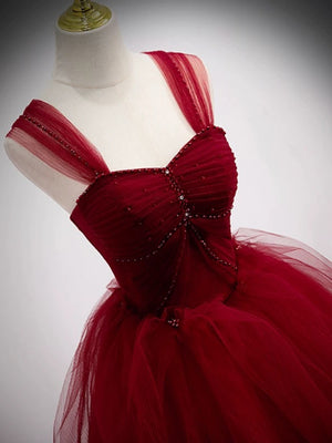 Off the Shoulder Burgundy Tulle Long Prom Dresses, Wine Red Tulle Long Formal Evening Dresses