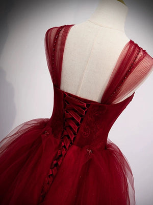 Off the Shoulder Burgundy Tulle Long Prom Dresses, Wine Red Tulle Long Formal Evening Dresses