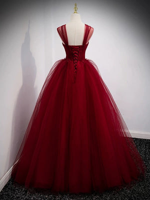 Off the Shoulder Burgundy Tulle Long Prom Dresses, Wine Red Tulle Long Formal Evening Dresses